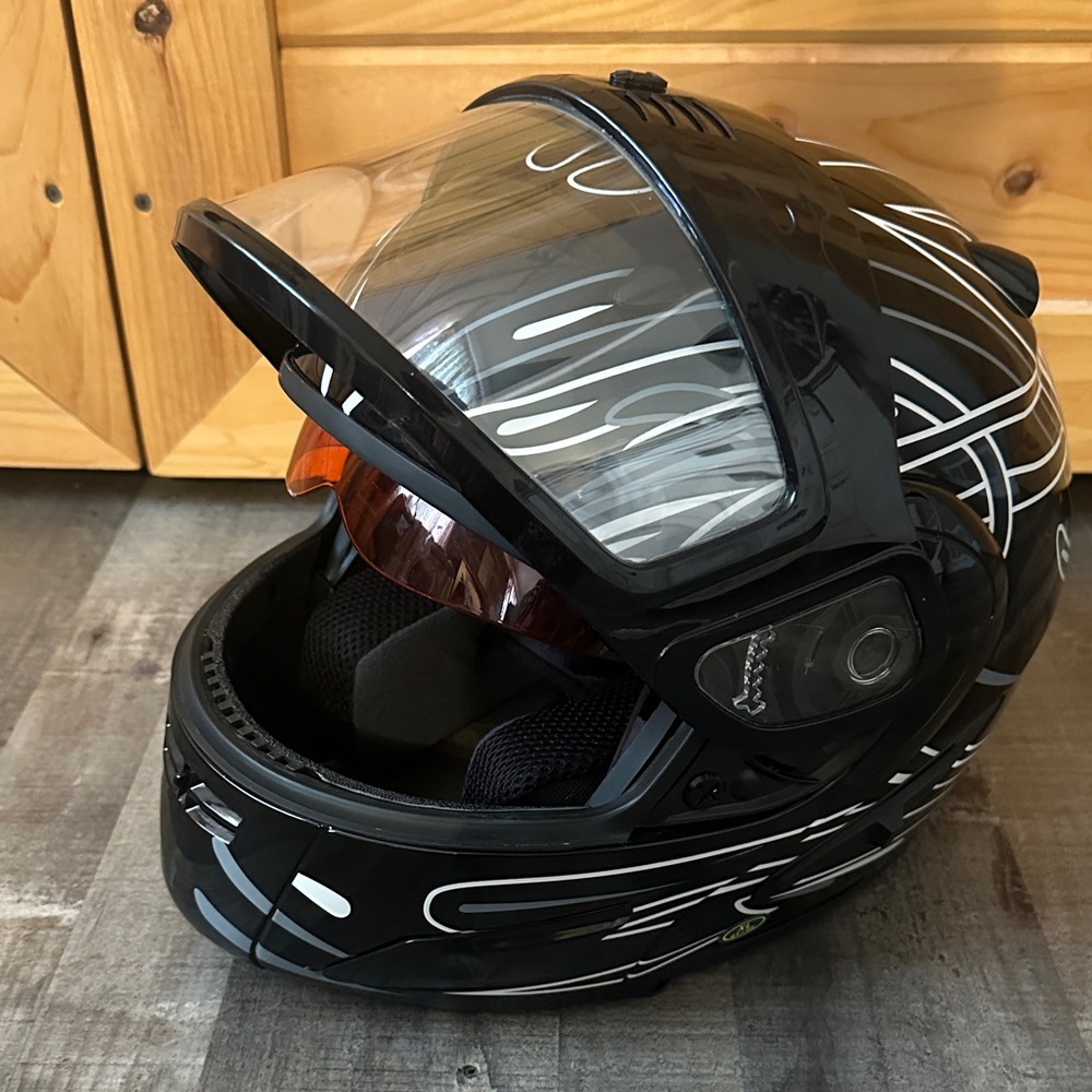 Black snowmobile Helmet with White Graphics